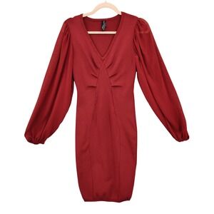 Marciano Guess Gemma Sweater Dress Women Bodycon S Red Sheer Bishop Sleeve Ruche